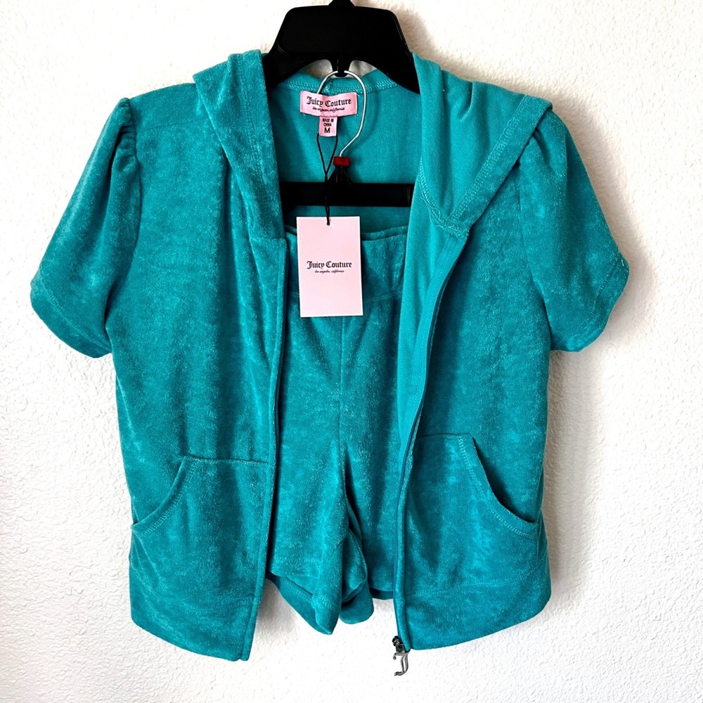 NEW Juicy Couture Velour Tracksuit Set Rhinestone Hoodies Jacket and Shorts Med